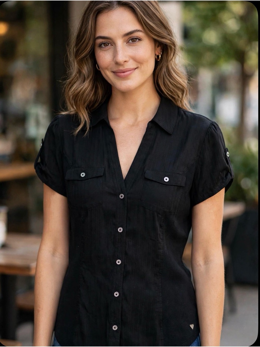 GUESS Black Short-Sleeve Button-Front Women's Shirt